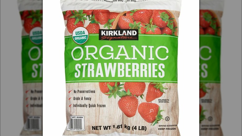 A bag of Kirkland Signature frozen organic strawberries