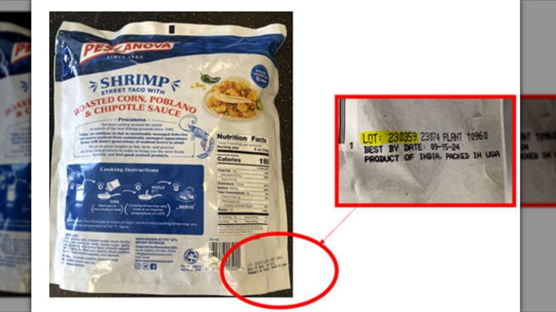A bag of Pescanova Shrimp Street Taco mix and the lot number highlighted