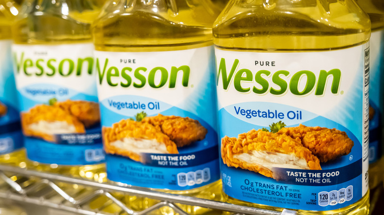 A line of Wesson Vegetable Oil products