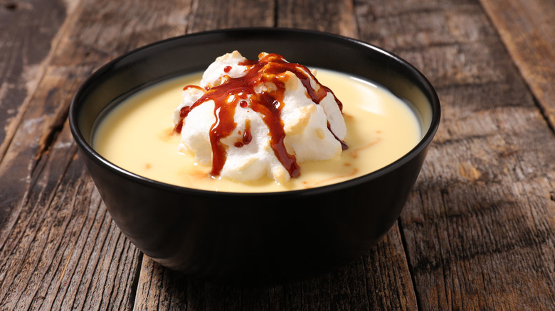 Floating Island served in black bowl