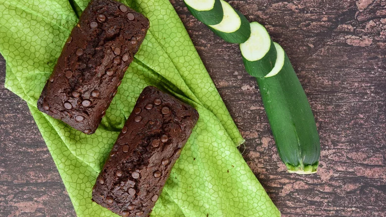 Two loaves of chocolate zucchini bread, studded with chocolate chips
