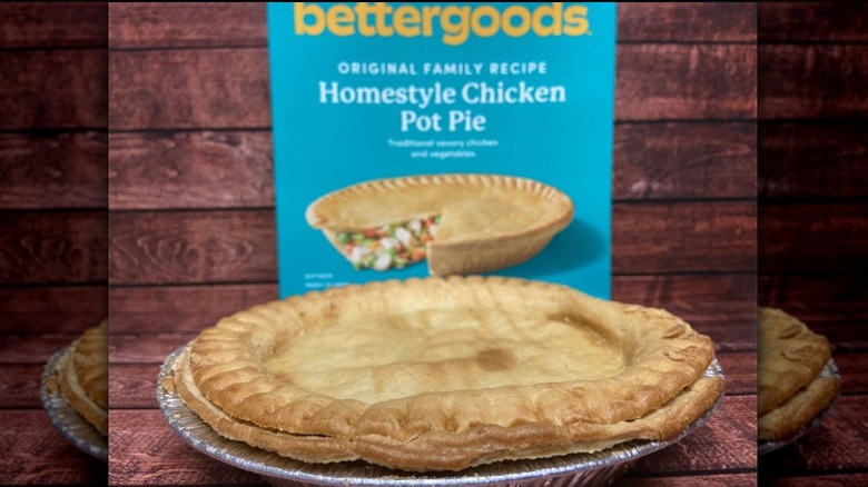 Bettergoods chicken pot pie with a spoonful being held up