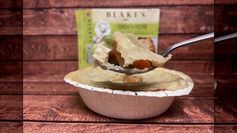 Blake's chicken pot pie with a spoonful being held up