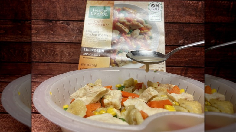 Health Choice crustless chicken pot pie showing a spoonful of runny gravy