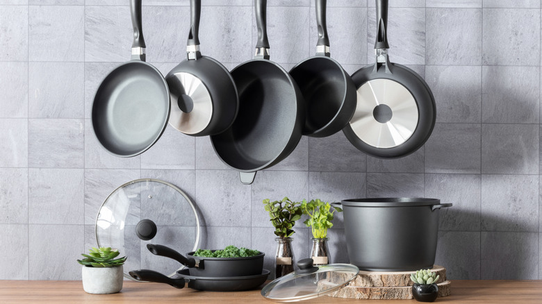 Pots and pans hanging above countertop