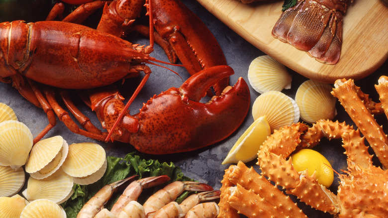 lobster, shrimp, crab, clams on table
