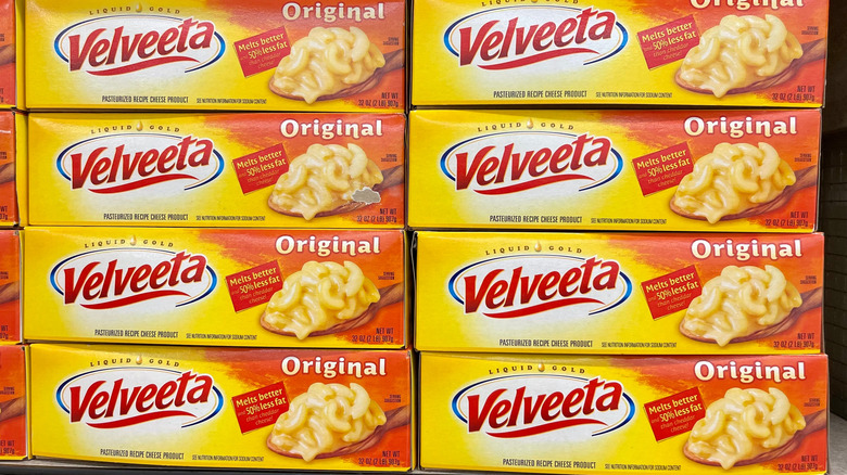 Boxes of Velveeta on a store shelf
