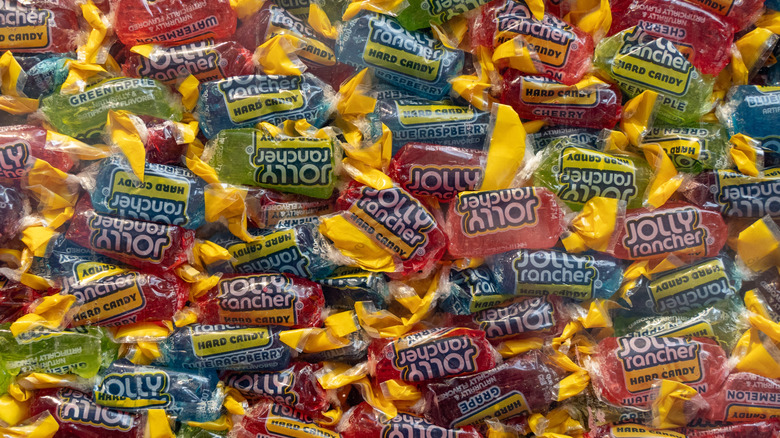 Lots of Jolly Rancher candies layed out