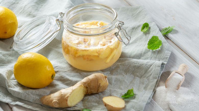 Preparation of ginger bug, with lemons, ginger, and salt scoop