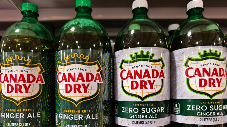 Bottles of Canada Dry Ginger Ale and Canada Dry Zero Sugar Ginger Ale sitting next to each other on a supermarket shelf