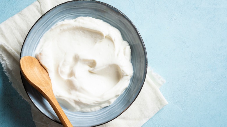 Blue bowl of plain yogurt with a wooden spoon