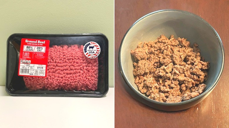 A package of ground beef next to a bowl of cooked ground beef