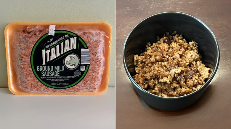 A package of Italian Ground Mild Sausage next to a bowl of cooked ground sausage