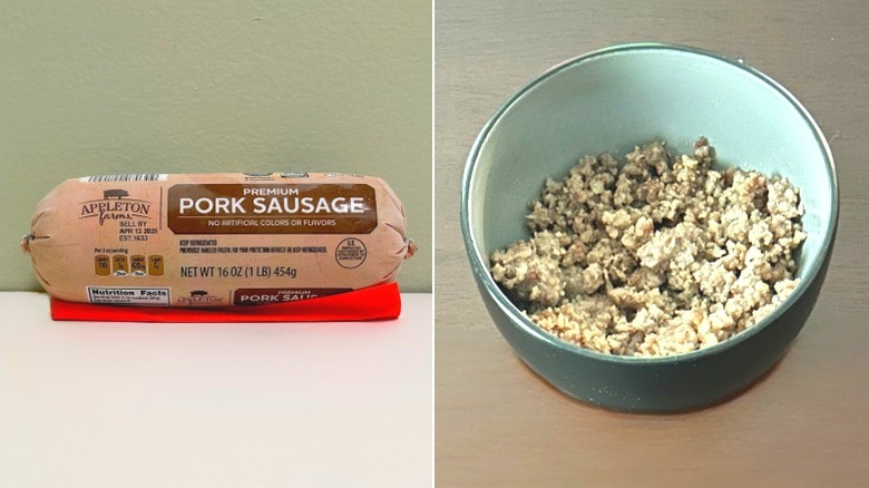 A roll of Appleton Premium Pork Sausage next to a bowl of cooked ground sausage