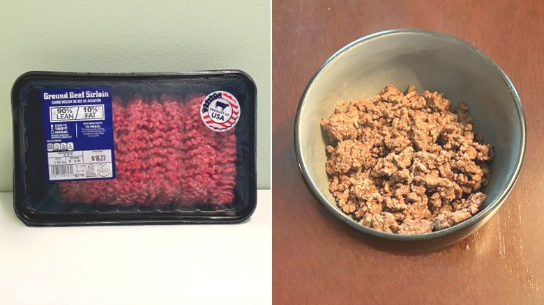 A package of Ground Beef Sirloin next to a bowl of cooked ground sirloin