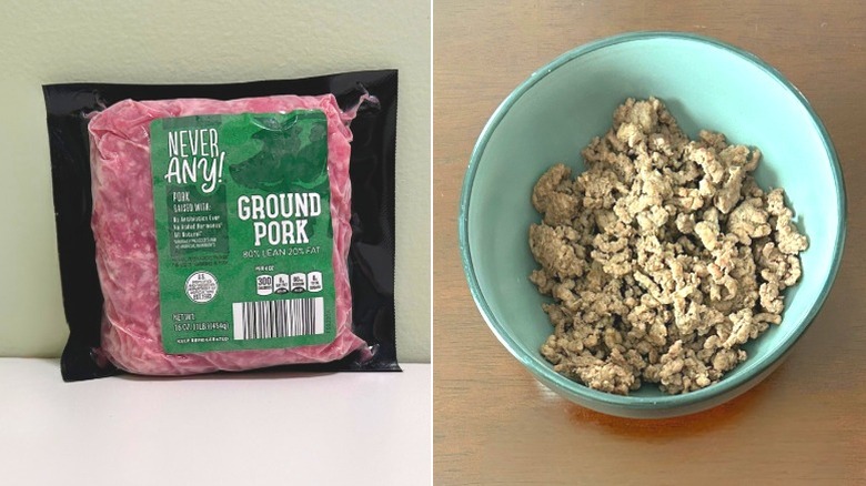 A package of Never Any! Ground Pork next to a bowl of cooked ground pork