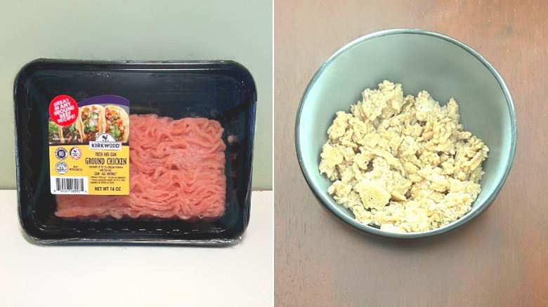 A package of Kirkwood Ground Chicken next to a bowl of cooked ground chicken
