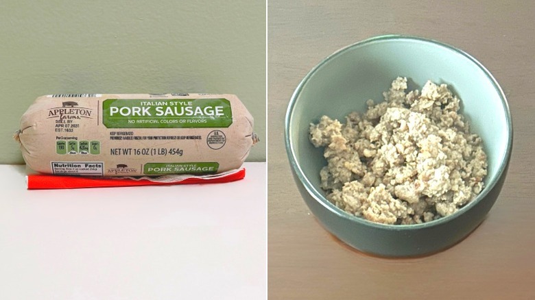 A roll of Appleton Italian Pork Sausage next to a bowl of cooked ground sausage