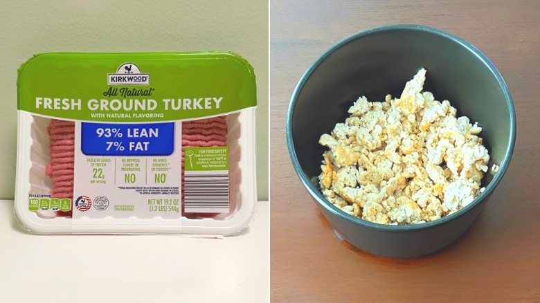 A package of Kirkwood Fresh Ground Turkey next to a bowl of cooked ground turkey