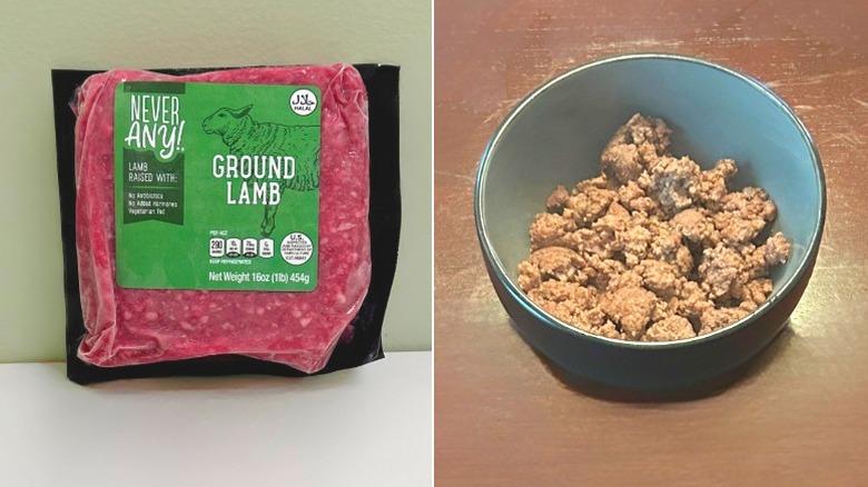 A package of Never Any! Ground Lamb beside a bowl of cooked ground lamb