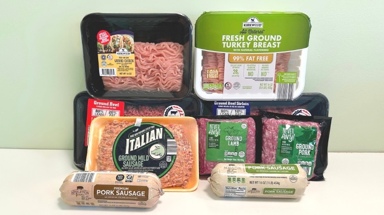 Nine ground meat options from Aldi on a green and white background