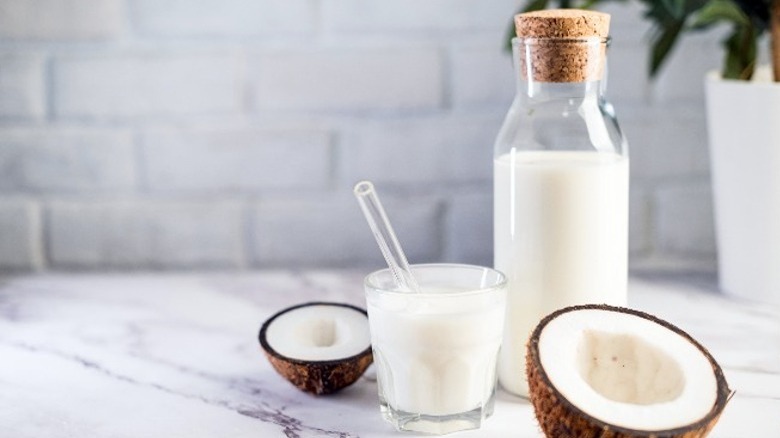 glass bottle of coconut milk