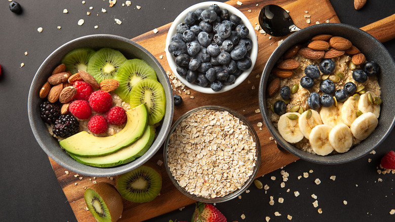 A table of breakfast foods, shot from above