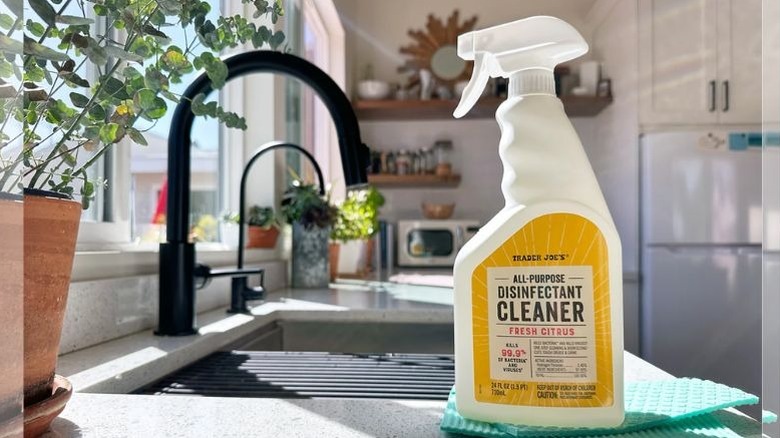 A photo of Trader Joe's All-Purpose Disinfectant Cleaner on the side of a kitchen sink