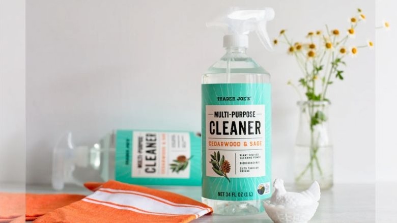 A photo of two bottles of Trader Joe's Multi-Purpose Cleaner in a kitchen, next to an orange towel and a flower vase