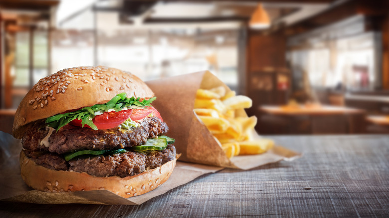 Hamburger with a side of french fries