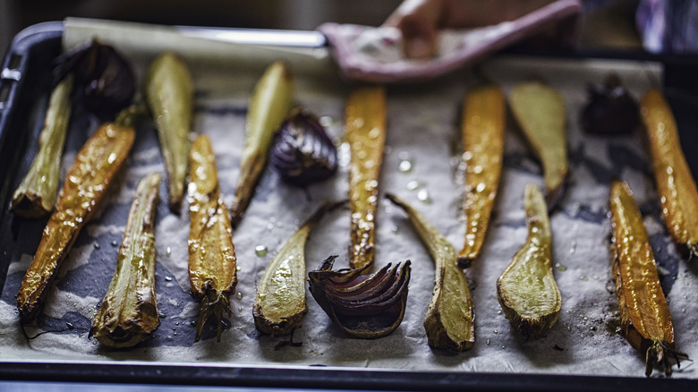Roasted vegetables on tray