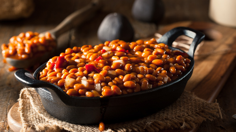 Baked beans in black skillet