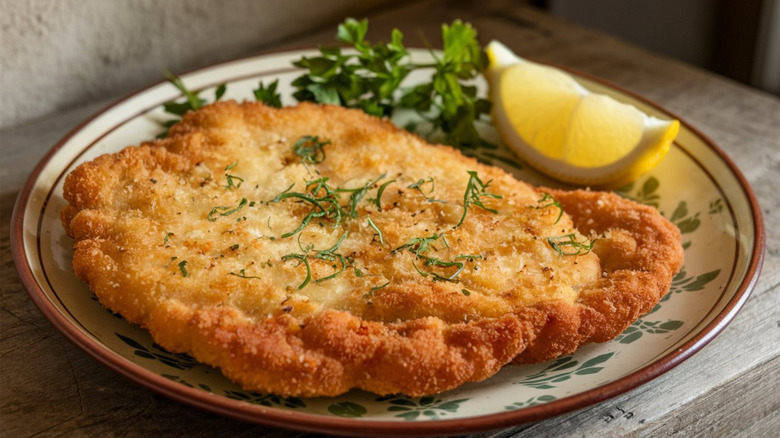 Plate of schnitzel, with lemon wedge and herbs