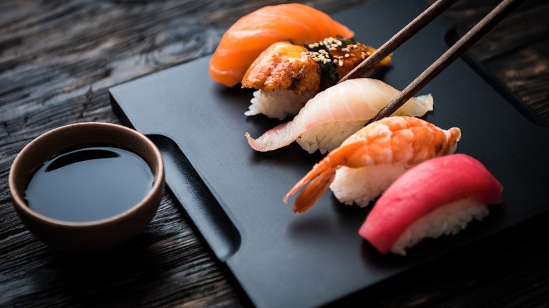 Assorted nigiri sushi on plate