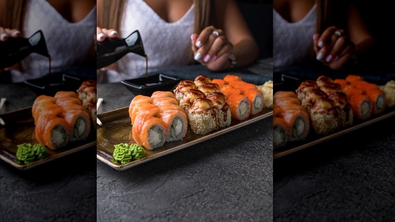 Sushi, soy sauce, and wasabi