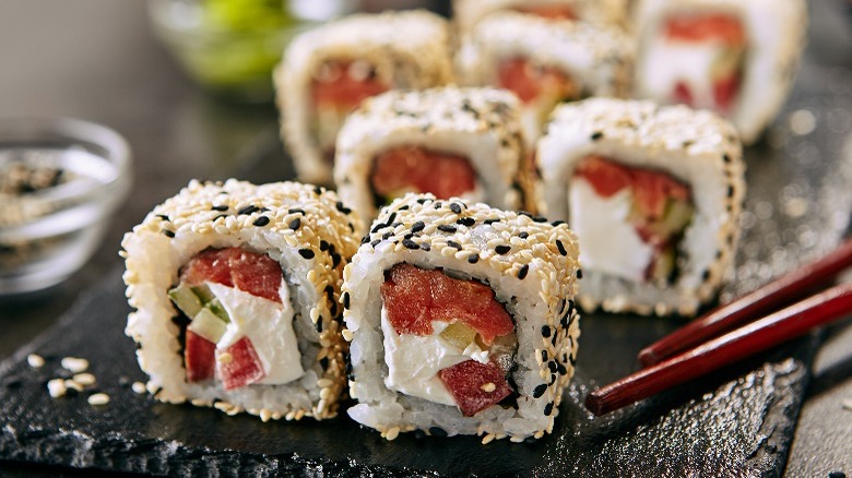 Salmon uramaki on plate