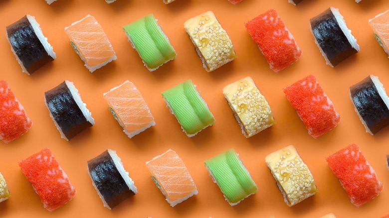 Sushi rolls on display