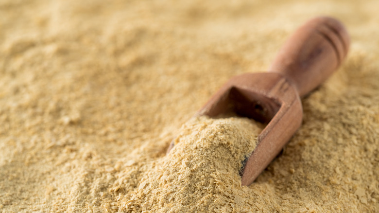 Nutritional yeast with a wooden scoop