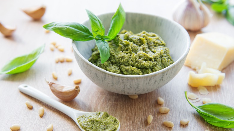 Gray bowl of fresh pesto