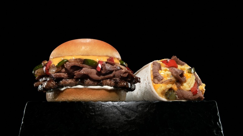 cheesesteak burger and breakfast burrito