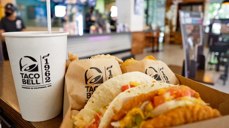 Taco Bell tray with cup and tacos
