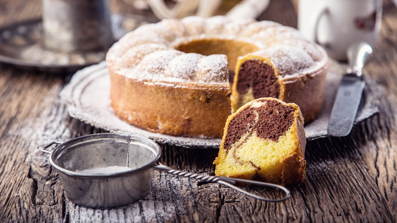 Marble pound cake with powdered sugar on top
