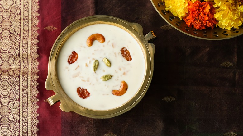Metal bowl of kheer