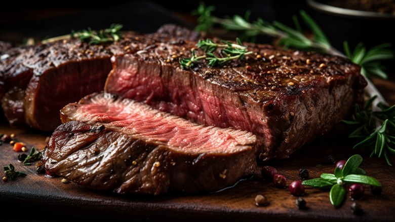 sliced cooked steak with herbs