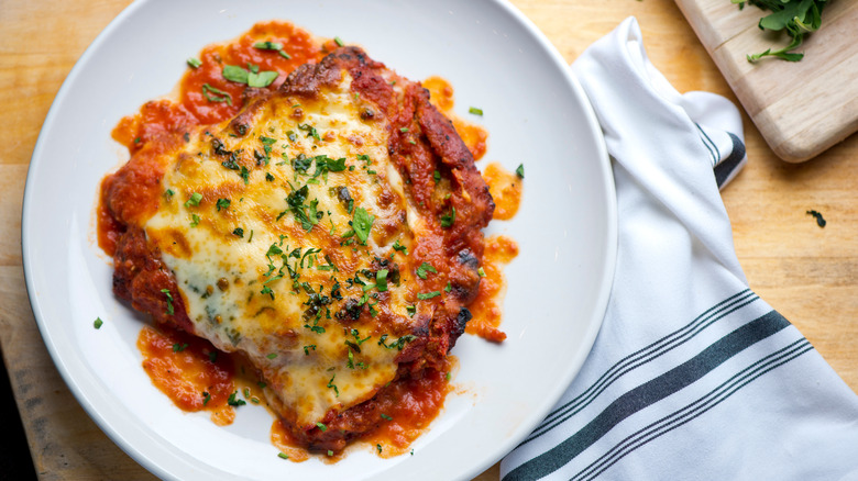 Chicken Parmesan on white plate