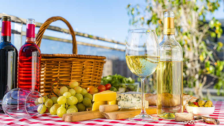 Outdoor picnic with wine and and snack board