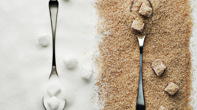 brown sugar next to white sugar on a bench