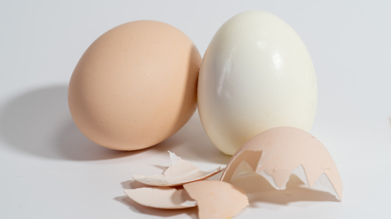 Hard boiled eggs in shell and peeled