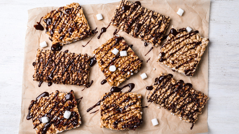Chocolate drizzle over Rice Krispies treats
