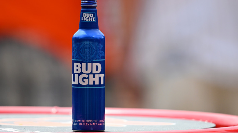 bud light bottle on table